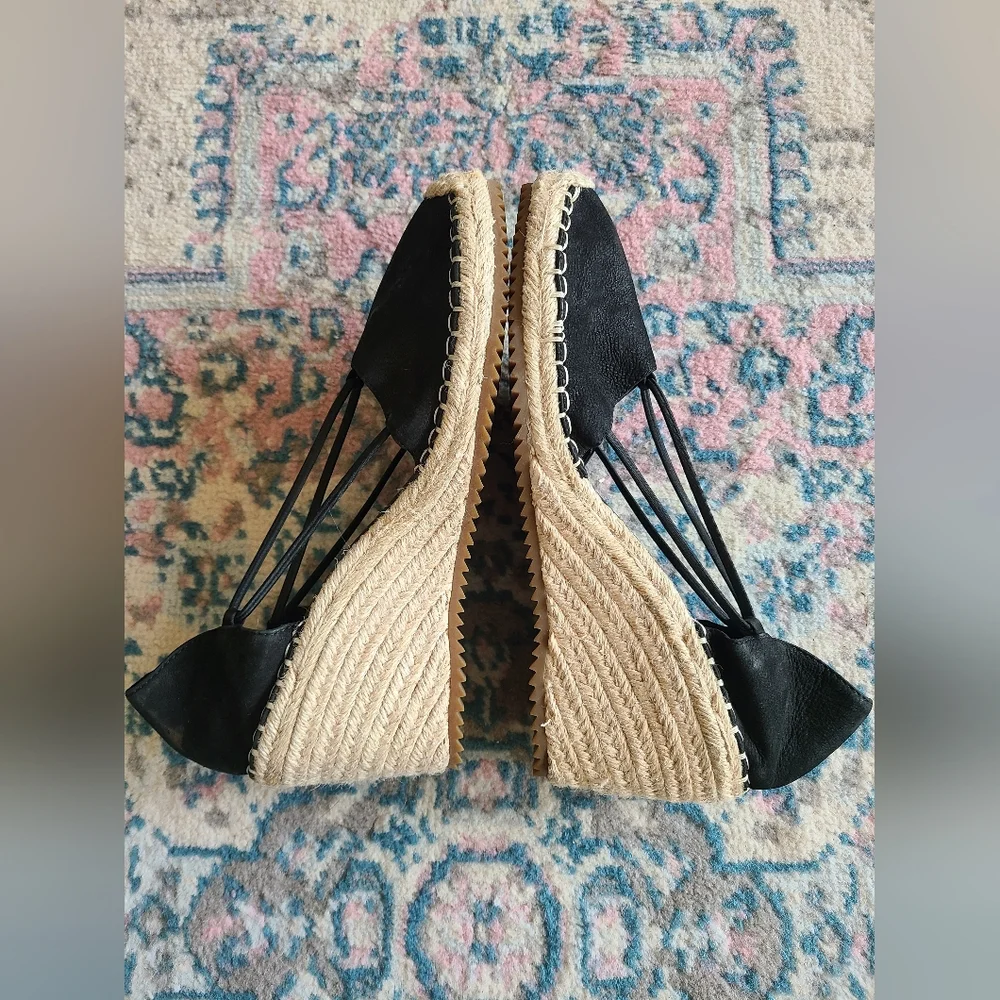 Eileen Fisher Yasmin Espadrille Wedge Shoes Women's 9 Black‎ Leather Strappy